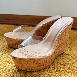 🏖️ Bamboo Clear Peep Toe Cork Platform Wedge High Heel Slide Sandal Mule sz 8.5